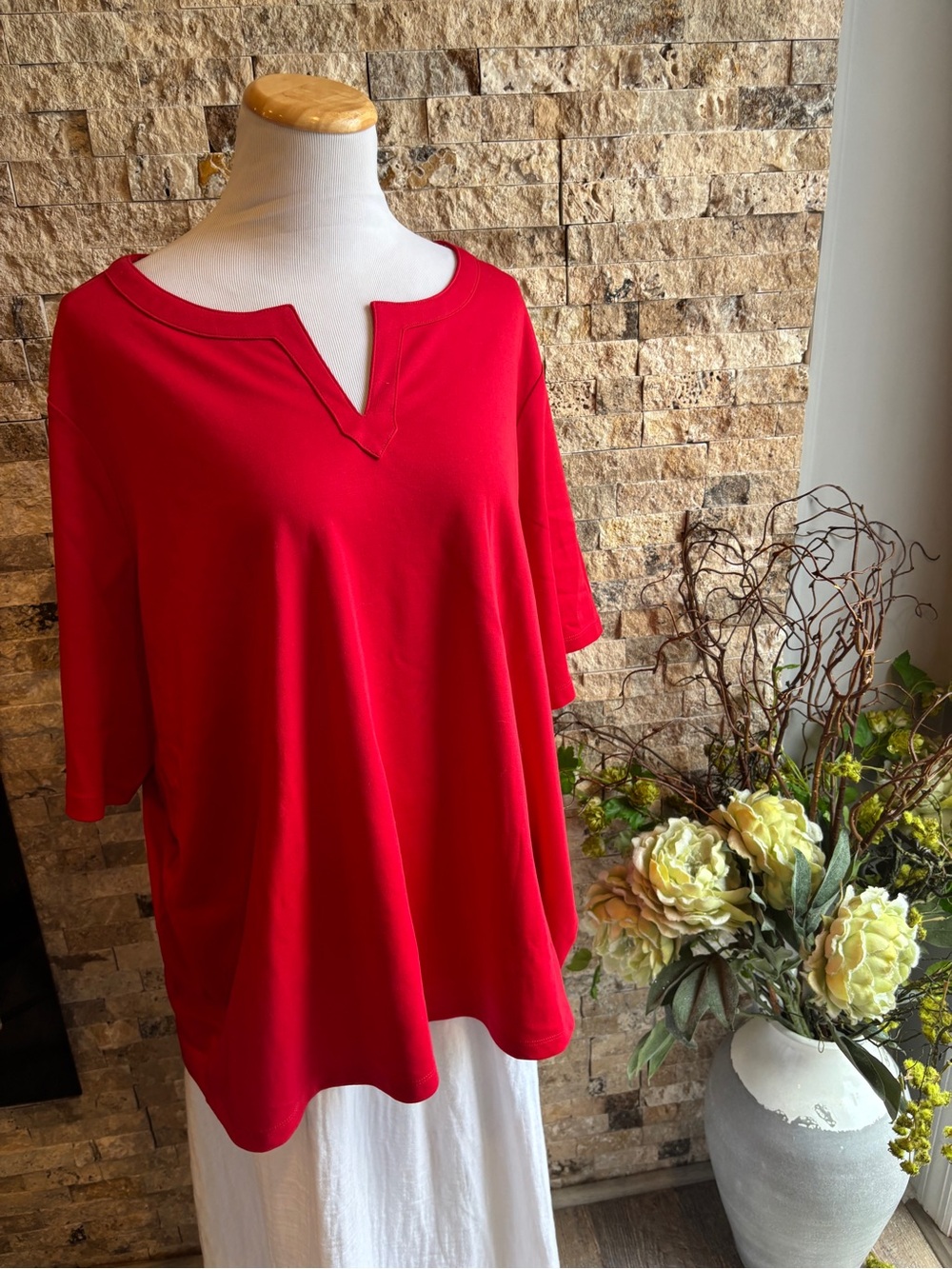 Lands' End Red Split-Neck Short Sleeve Tunic